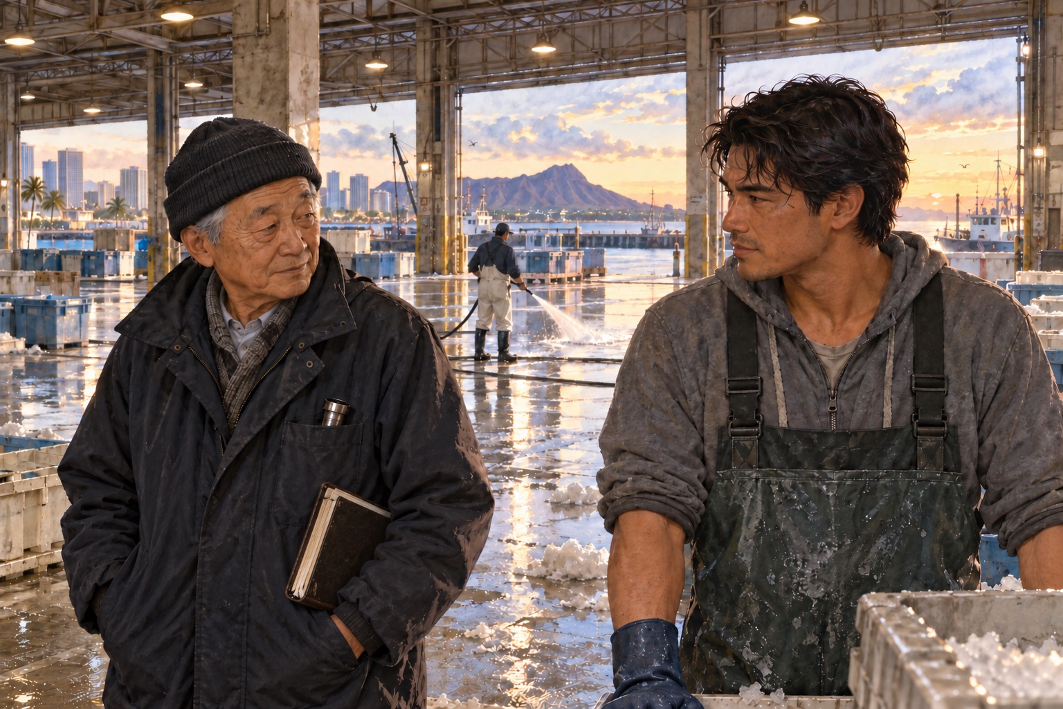 A painted, near-photographic dawn scene inside the open-sided auction hall at Pier 38, wet concrete reflecting the lights, an elderly Japanese buyer in a knit cap and dark coat with a flashlight in his breast pocket and a buyer's book under his arm, turning to look at a younger man in a grey hoodie and rubber bibs with a gloved hand on a fish tote, behind them a man in white overalls hosing the floor, longliners at the pier, and Diamond Head under an orange sky.