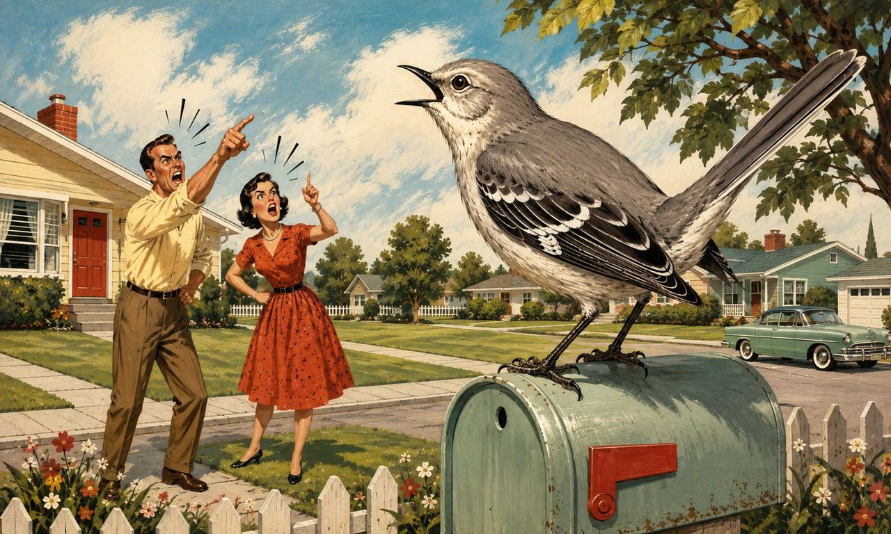 Cover of Issue 1: A giant mockingbird sings from atop a mailbox on a sunny mid-century suburban street while a man and a woman on the sidewalk shout and point up at it.