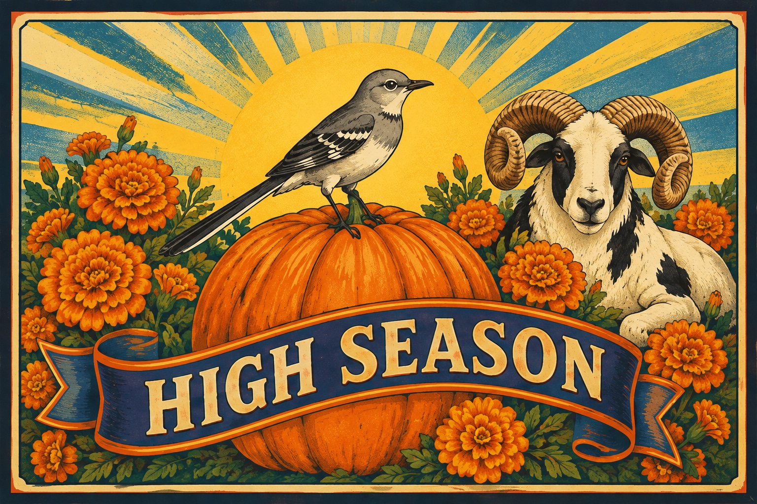 Cover of Issue 8: In the style of a 1930s California fruit-crate label, a grey mockingbird perches on a big orange pumpkin in front of a golden sunburst, with clusters of orange marigolds on either side and, at the right, a white ram with black patches and curled horns lying among the flowers and looking out; a navy ribbon across the pumpkin reads HIGH SEASON.