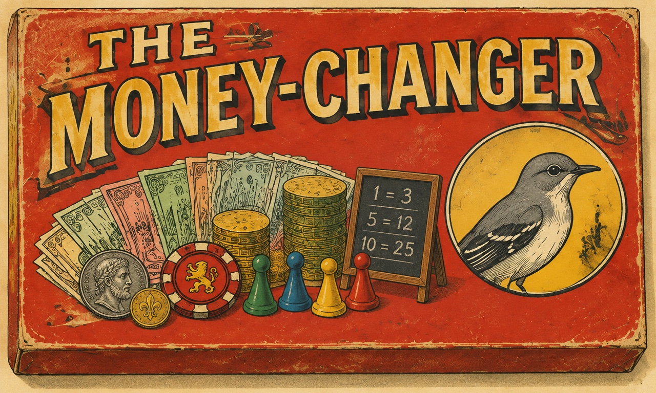 Cover of Issue 9: A worn red 1950s board-game box lid, lithographed, with THE MONEY-CHANGER in big cream display letters across the top; below, a fan of pastel play-money bills, two stacks of gold coins, an old silver coin, a red casino chip with a gold lion, four wooden pawns in green, blue, yellow and red, a little slate on a stand with exchange rates in chalk, and at the right a yellow circle holding a grey mockingbird drawn as part of the box art.