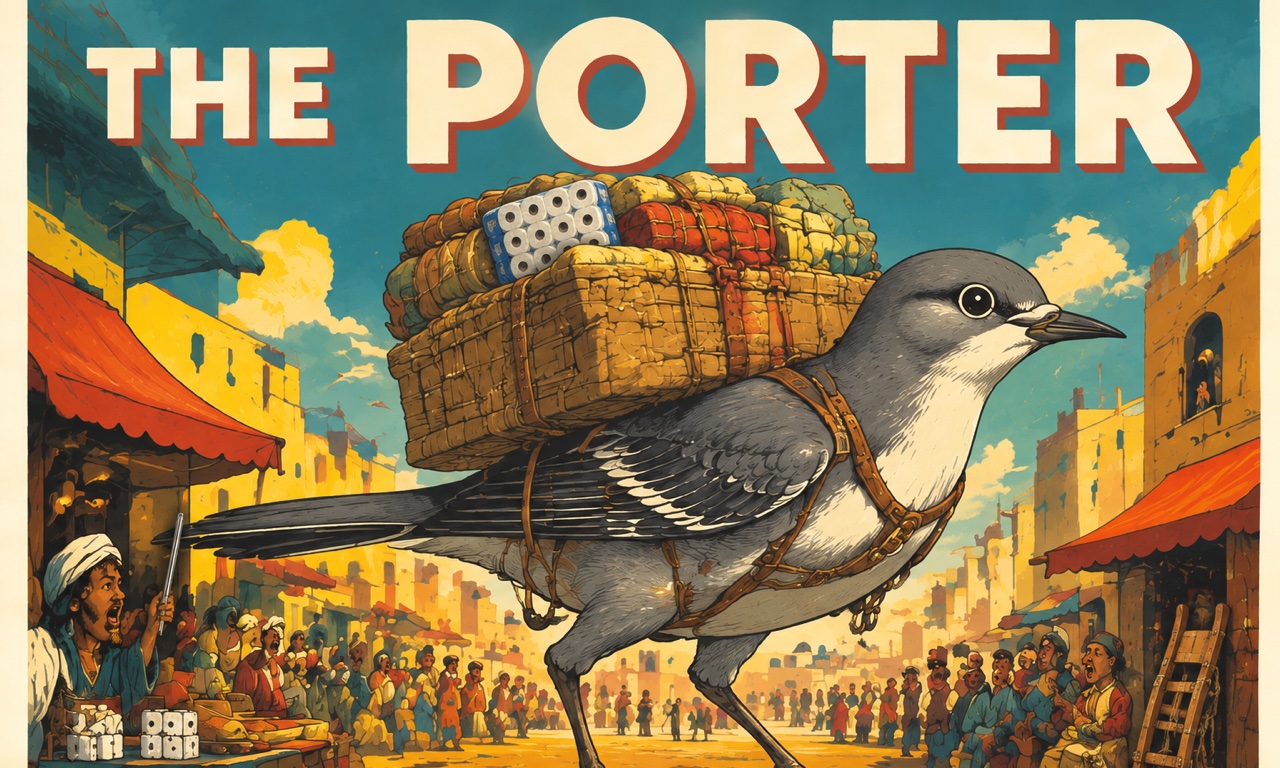A mid-century gouache pulp poster in teal, mustard, tomato and cream, THE PORTER in big cream display letters across the top, and beneath it a grey mockingbird the size of a mule striding through a sunlit bazaar with a towering load of baskets, bales and a pack of toilet paper strapped to its back, while merchants at their stalls gape and point, one holding up a thin steel tube, and a wooden ladder leans against a doorway at the right.