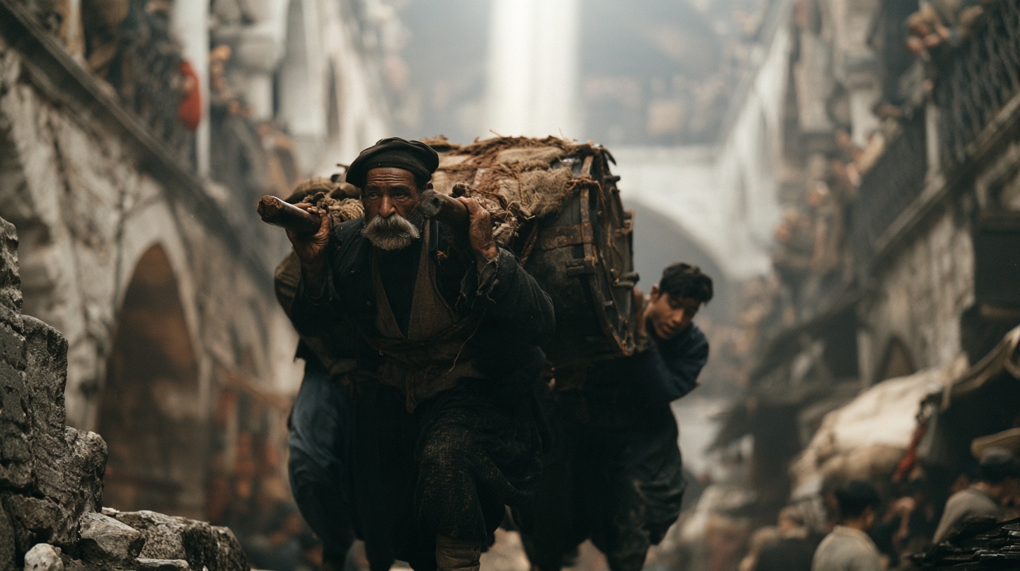 A cinematic color photograph in a stone covered market, arched galleries rising on both sides into haze and a crowd dim in the background, an older porter in a dark cap and worn jacket, grey-bearded, bent forward with a carrying pole over his shoulder and a huge canvas-wrapped drum lashed behind him, and a young man in dark clothes braced under the load at the rear, both climbing toward the light.