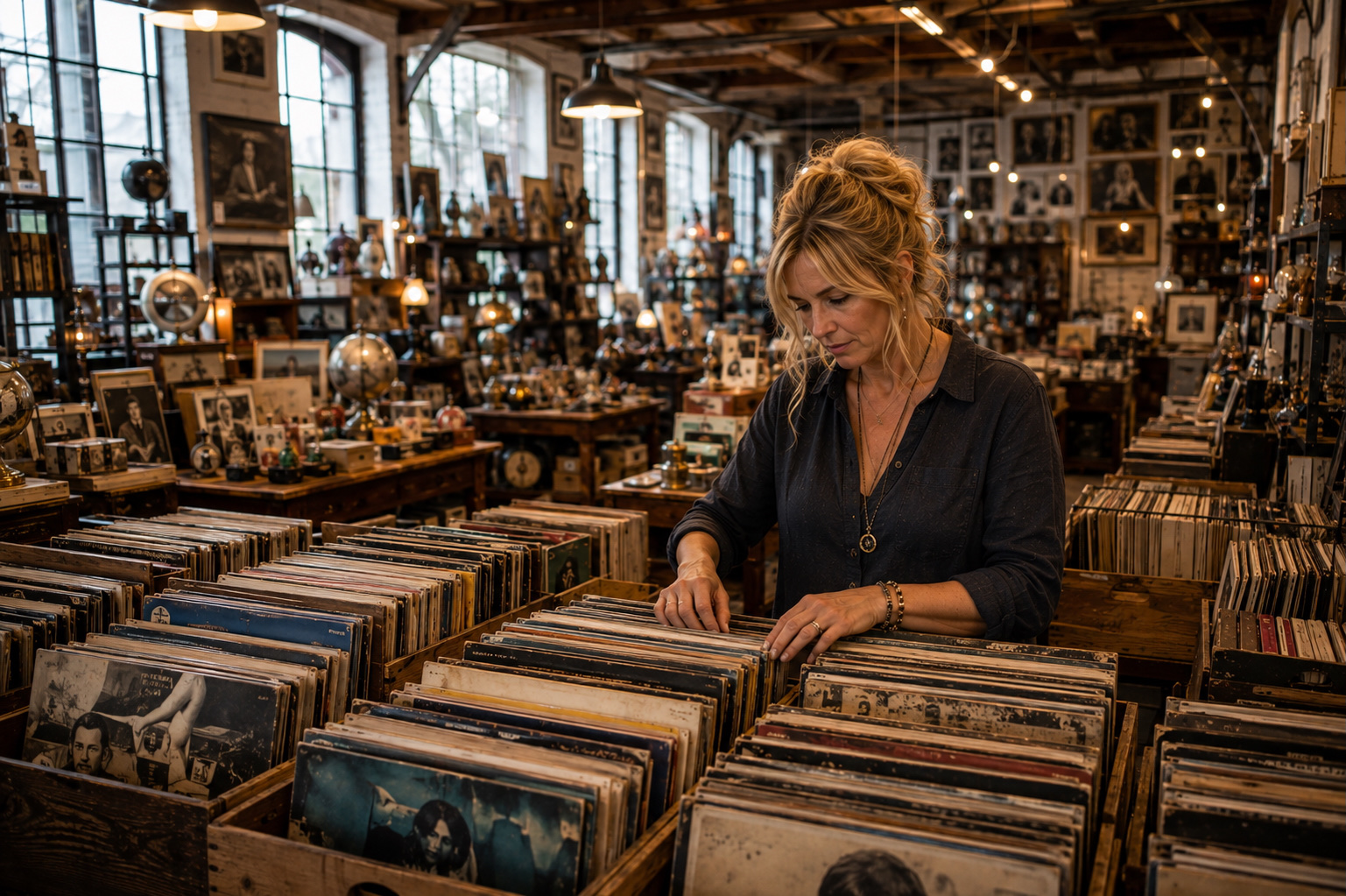 A woman flips through crates of records in a vast, cluttered secondhand hall of brick and timber, the walls hung with old photographs, warm lamps overhead and cold window light behind.