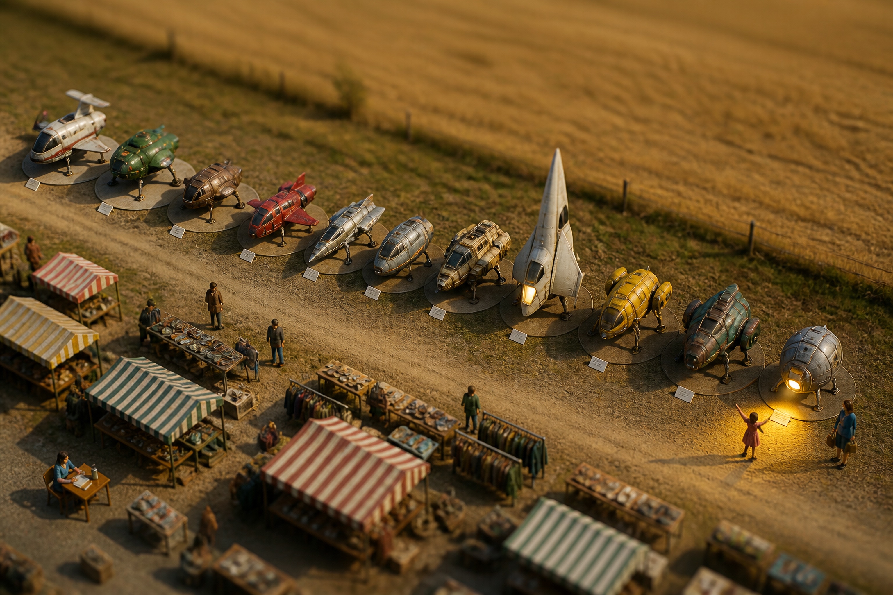 Seen from above in tilt-shift miniature, eleven small secondhand spaceships stand in a row on round landing pads along a dirt track beside a market of striped stalls; at the near end a chalky gray ship shines its light on a little girl in a pink dress, who waves, while the seller sits at a folding table back among the stalls.