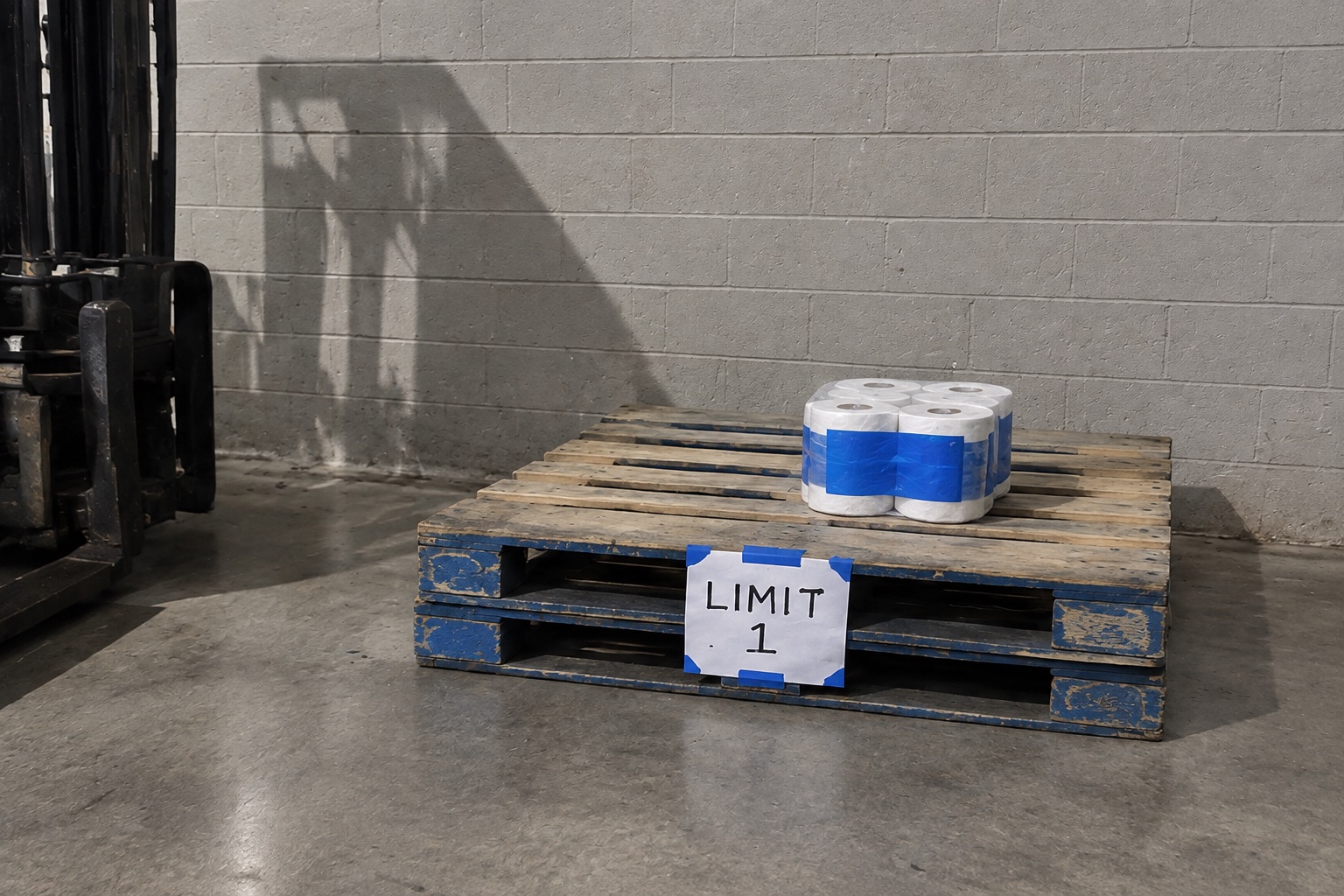 A phone photograph in flat fluorescent light at the back wall of a warehouse store, an almost empty blue-edged wooden pallet on grey concrete with one shrink-wrapped pack of toilet paper left on it, a white paper sign taped to the pallet's front reading LIMIT 1 in black marker, and the shadow of a forklift mast falling across the cinder-block wall from the left.