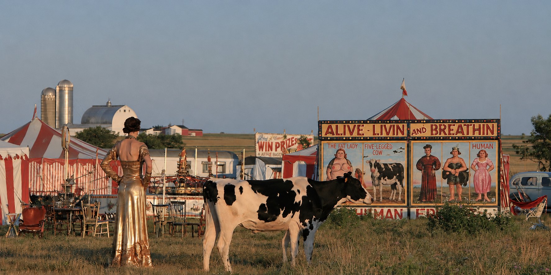 A carnival sideshow on a prairie field at golden hour — a red-and-white tent, a painted banner reading ALIVE, LIVIN AND BREATHIN over panels for the Fat Lady and the Five-Legged Cow; in the foreground a Holstein cow, and a woman in a gold gown standing with her back to us; silos and a barn behind.