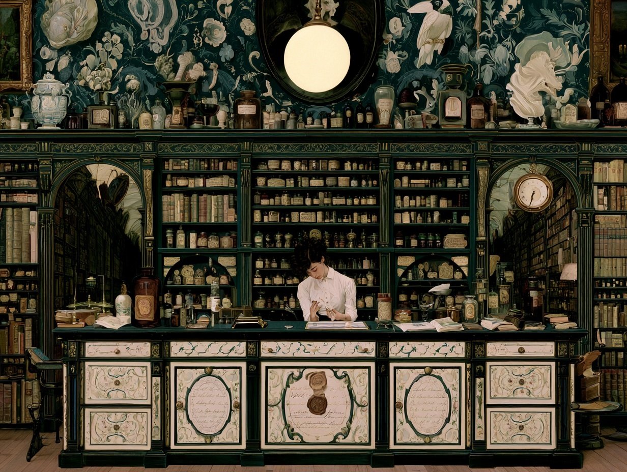 A long ornate counter in a shop whose walls are entirely shelves of small bottles and jars, rising past a round lamp; behind the counter a clerk in a white shirt bends over a ledger; a clock on the wall to the right.