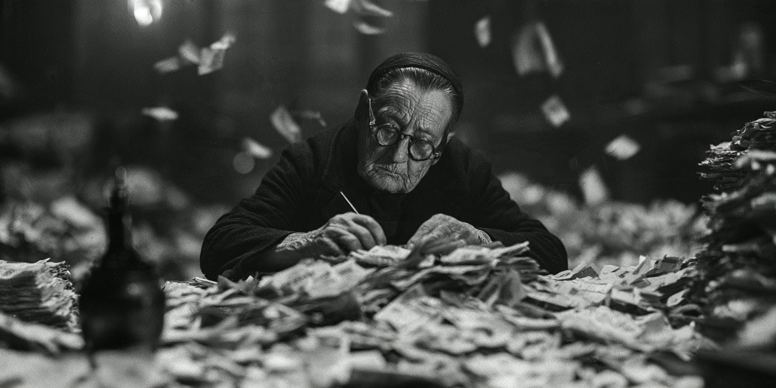A grainy black-and-white photograph, wide and shallow: an old woman in round spectacles and a dark coat, hair pulled back, bends over a table buried in loose banknotes, pen in hand, counting; drifts of paper money rise on either side of her, a dark bottle stands at the left, and single notes float down through the dim room behind her.