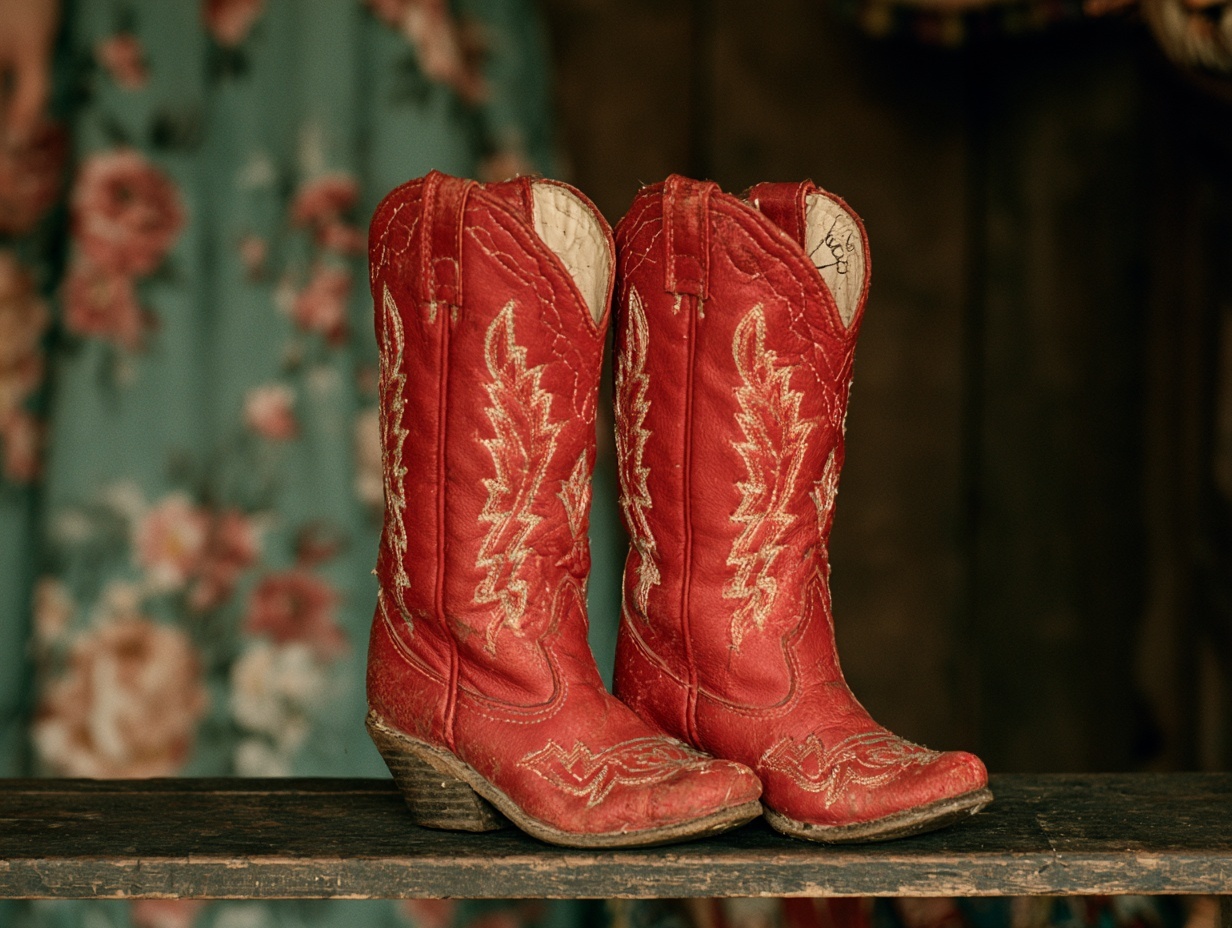 A pair of well-worn red kids' cowboy boots with cream lightning-bolt stitching, toes out on a dark wooden table, a faded floral curtain soft behind them.