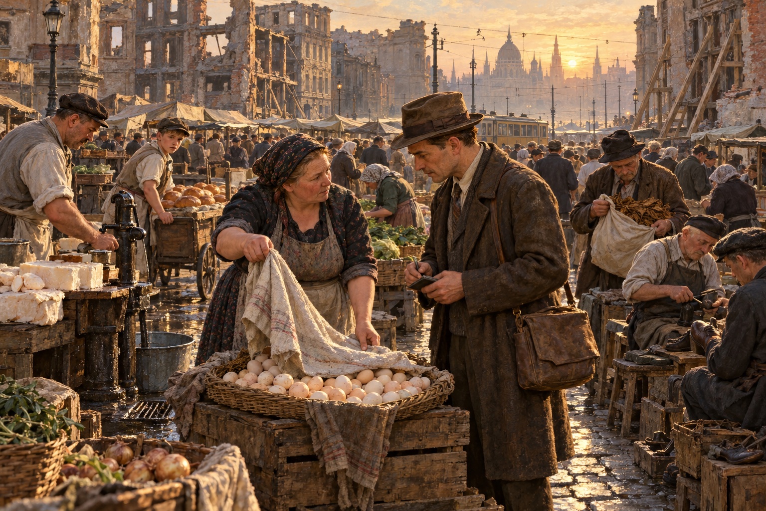 A painterly, golden-lit market square in a bombed-out city at sunrise, the shells of buildings and a domed parliament on the skyline behind: a broad woman in a flowered headscarf and apron lifts a striped cloth from a basket of eggs on a crate, while a thin man in a brown fedora and overcoat, satchel on his shoulder, bends toward her writing in a small notebook; around them a boy with a bread cart, a water pump, a man with a sack of tobacco leaf, two shoe menders at work, and a cream-and-yellow tram.